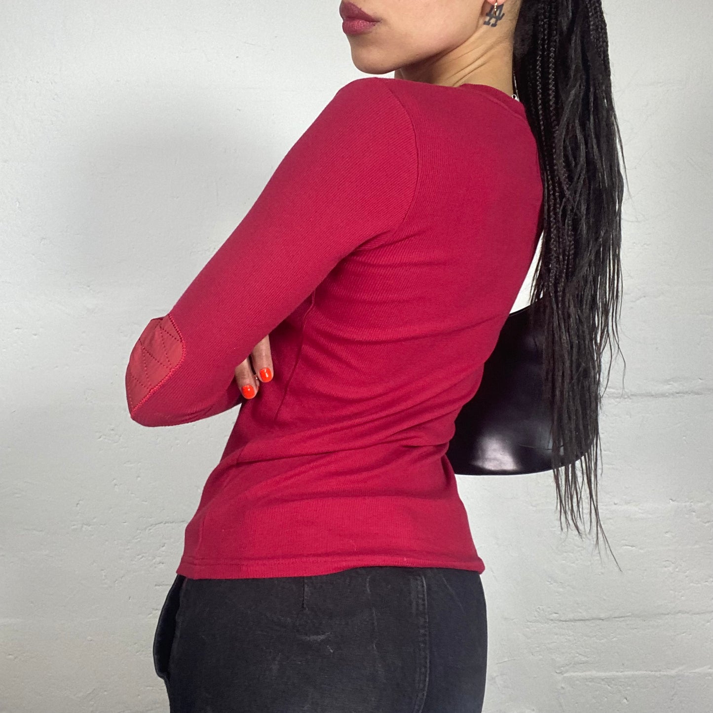 Vintage 2000's Sporty Cherry Red 1978 Printed Longsleeved Top with Elbow Patches (S)