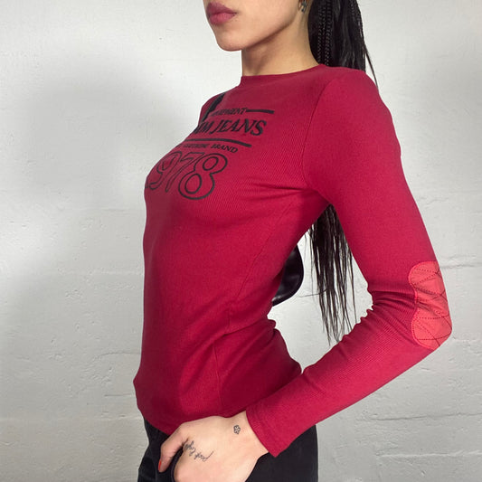 Vintage 2000's Sporty Cherry Red 1978 Printed Longsleeved Top with Elbow Patches (S)