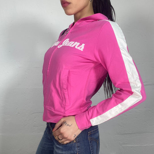 Vintage 2000's Pepe Jeans Sporty Barbie Pink Hooded Zip Up Pullover with White Details (M)