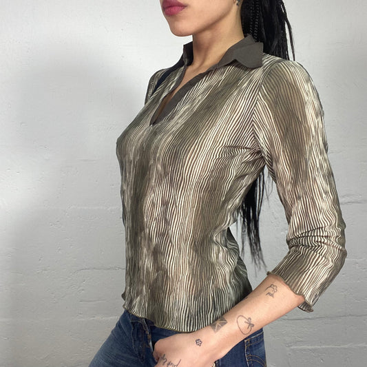 Vintage 90’s Office Girl Khaki Faded Green Pleated 3/4 Sleeve Shirt with Brown Collar (S)