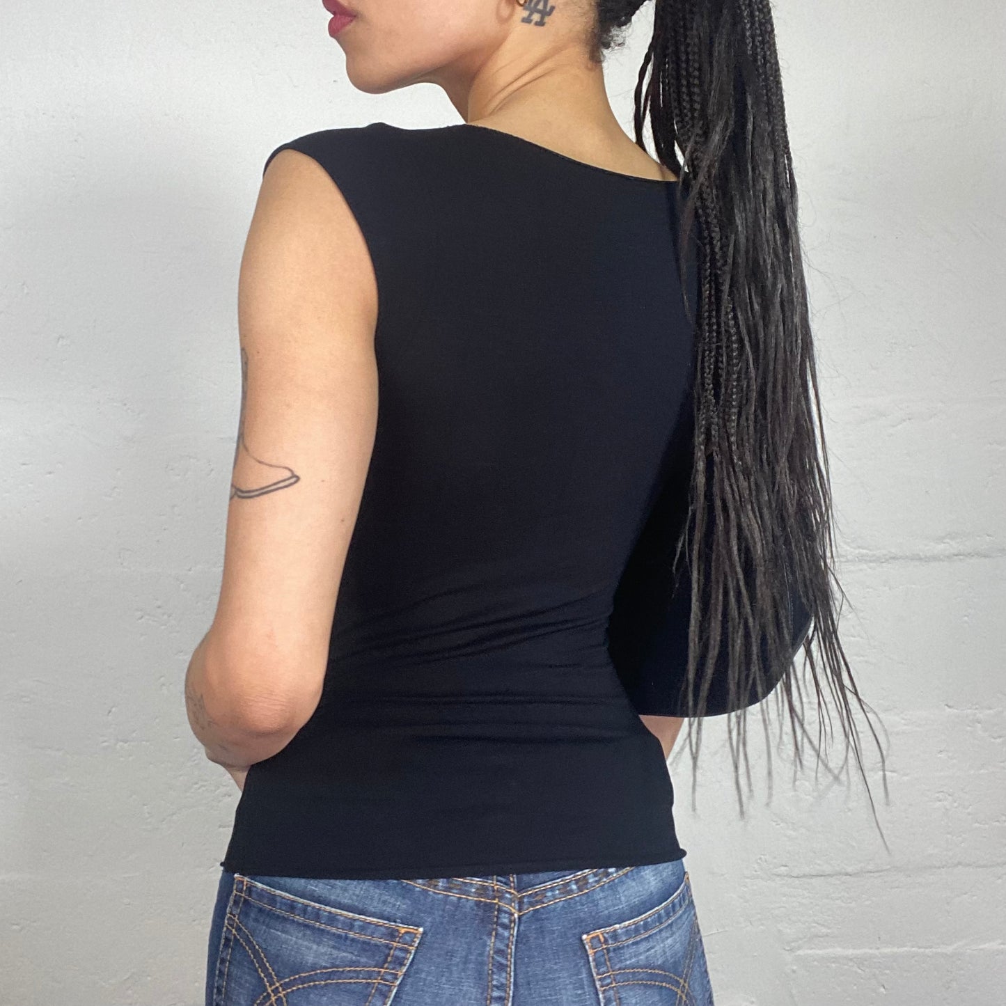 Vintage 2000’s Racer Girl Black V-Neck Cut Top with Angel Shiny Typo Print (S)