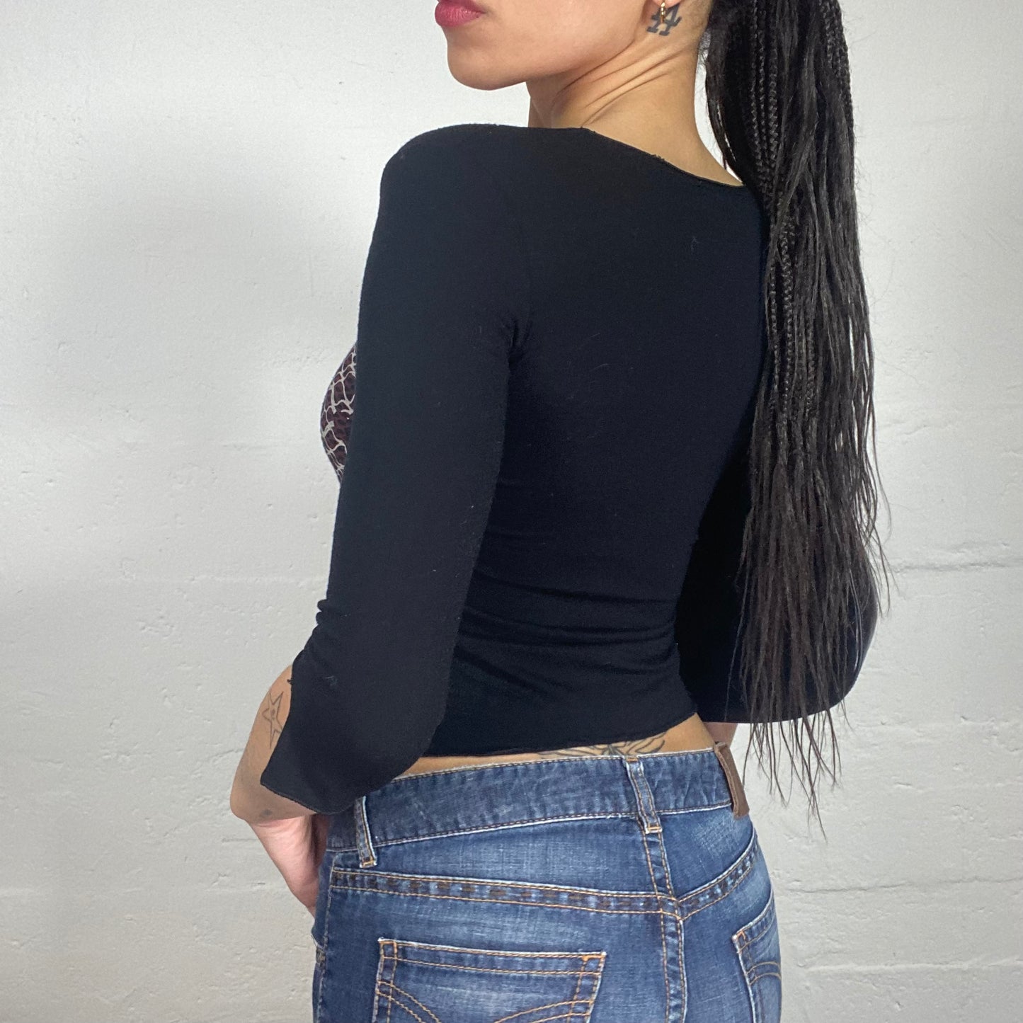 Vintage 2000’s Downtown Girl Longsleeve 3/4 Top with Rose and Denim Print (S)