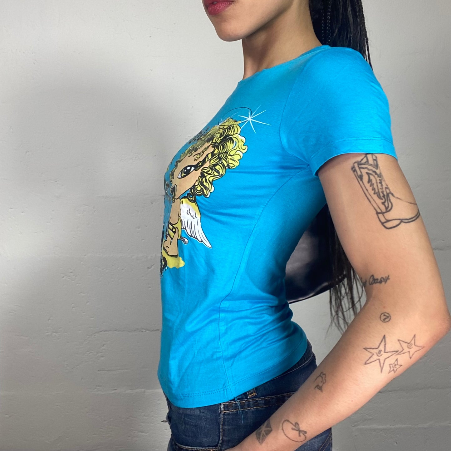 Vintage 2000’s Downtown Girl Bright Blue Baby Tee with Angel or Devil Cartoon Print (S)