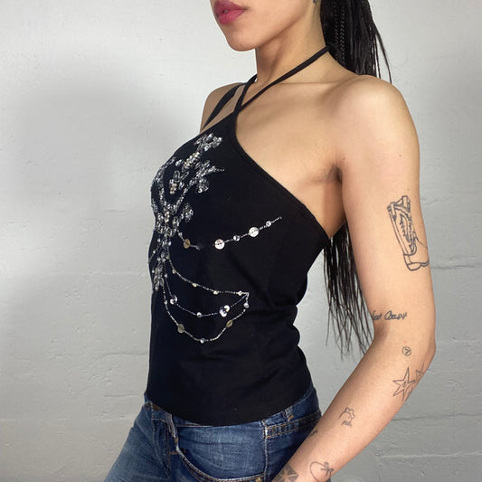 Vintage 90’s Morgan Clubwear Black Neckholder Top with Shiny Sequins Embroidery (S)