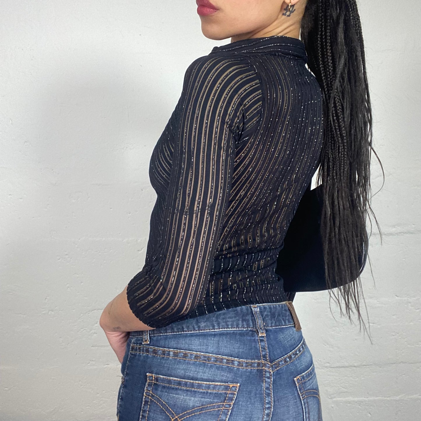 Vintage 2000's Corporate Girl Shiny See-Through Striped Zip Up 3/4 Sleeve Top (S)