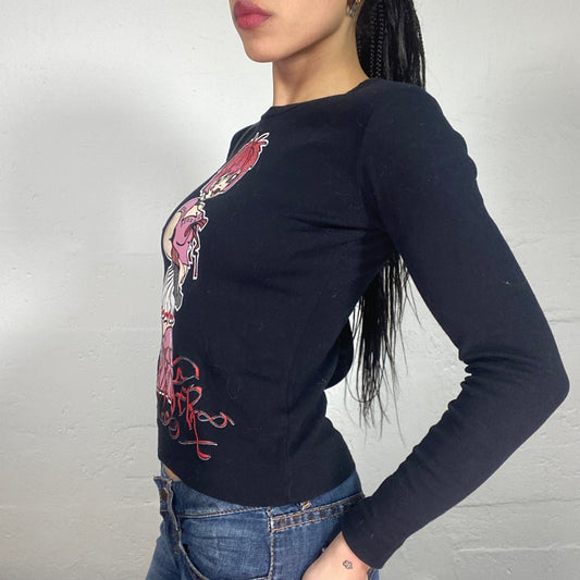 Vintage 2000's Downtown Girl Black Longsleeve Top with Girl Cartoon Print (S/M)