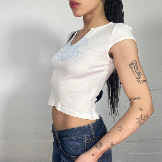 Vintage 2000's Sporty Girl White V-Neck Cut Baby Tee with Blue Print and Micro Sleeves (S)