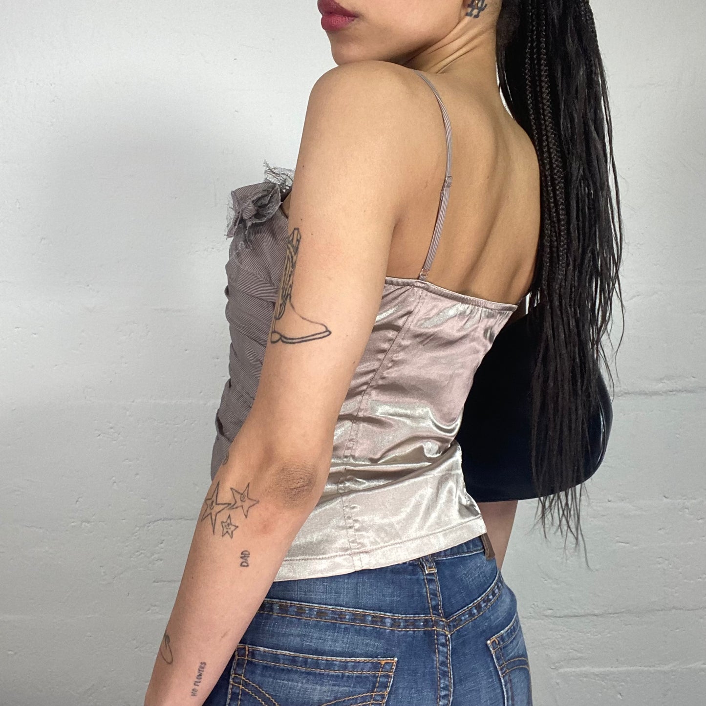 Vintage 90's Coquette Style Romantic Shiffon Covered Warm Grey Corset Corset Top with Ruffles (S)
