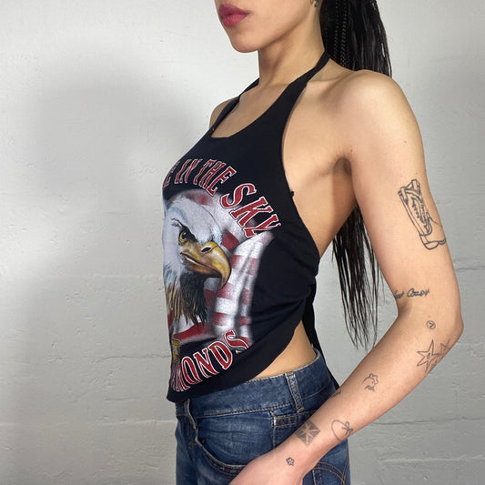 Vintage 2000's Summer Biker Girl Black Top with Open Back and USA Eagle Print (S)