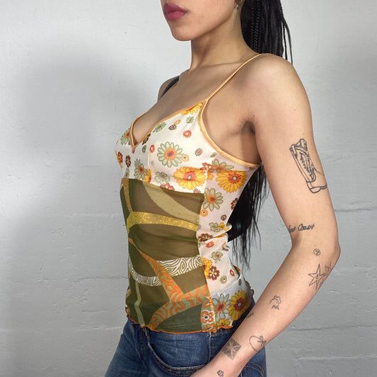 Vintage 90's Morgan Boho Multicoloured Printed Shiffon Cami Top with Floral Bra (S)