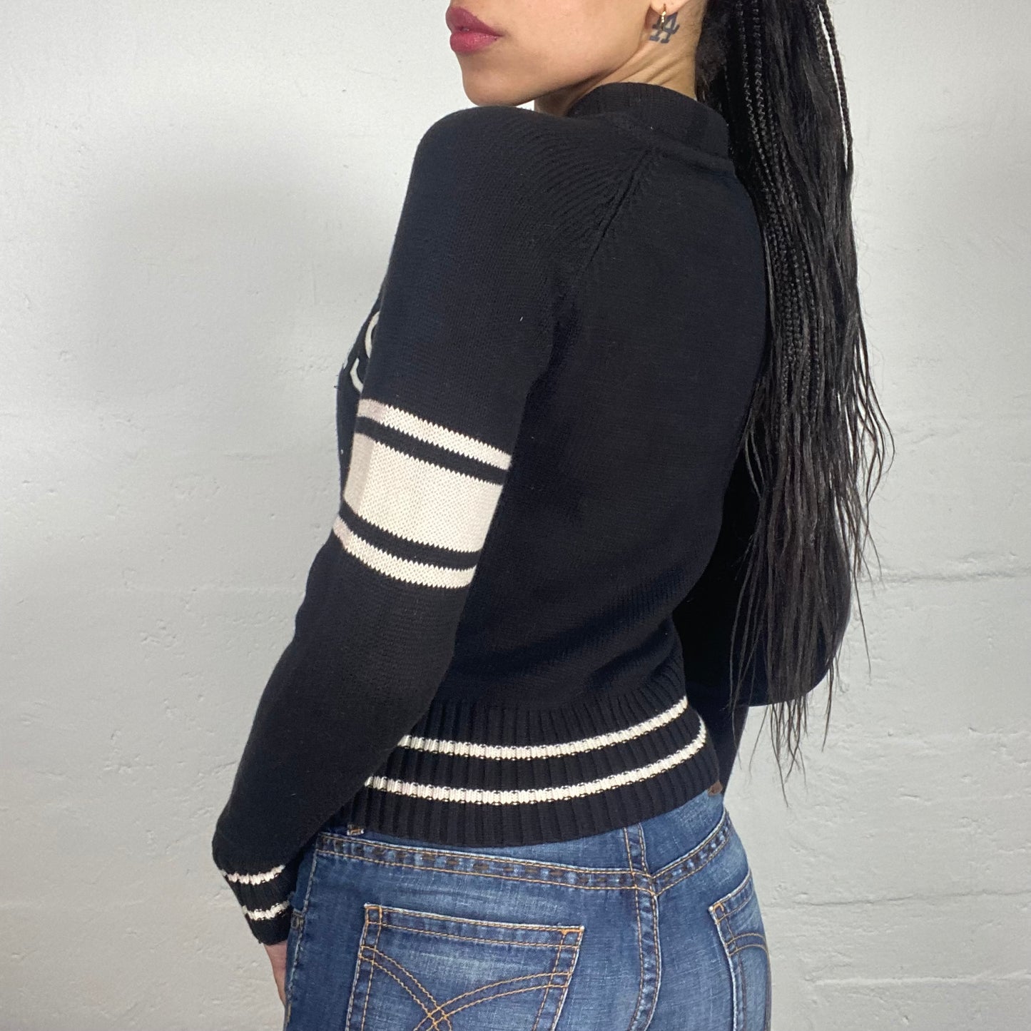 Vintage 90's Cozy Downtown Girl Black Knitted Zip Up Pullover with Contrast White "PARIS" Print (S)