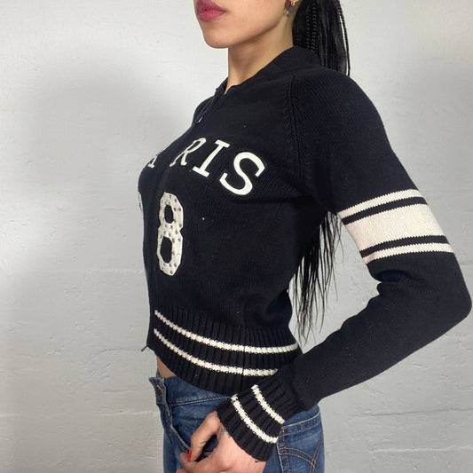 Vintage 90's Cozy Downtown Girl Black Knitted Zip Up Pullover with Contrast White "PARIS" Print (S)