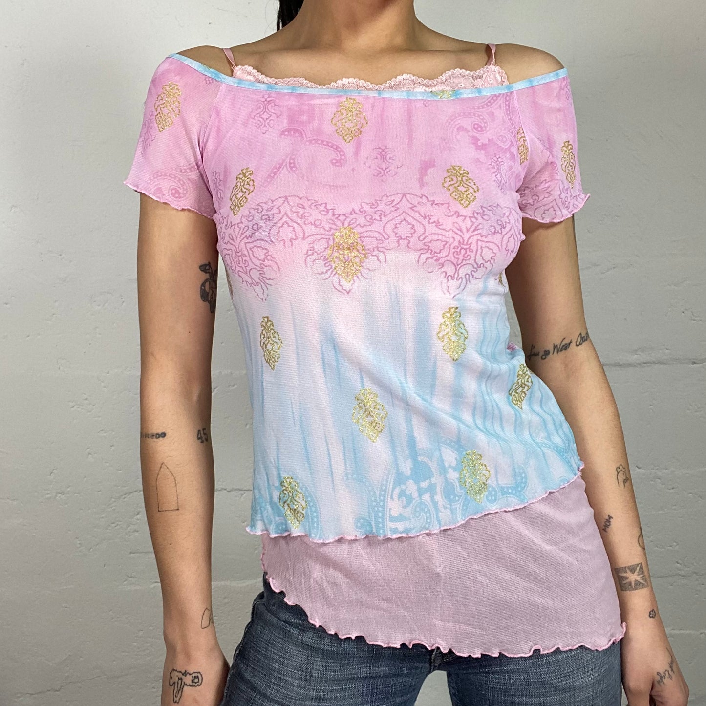 Vintage 90's Boho Romantic Pink Off Shoulder Shiffon Printed Asymmetric Cut Top with Lace Detail (S)