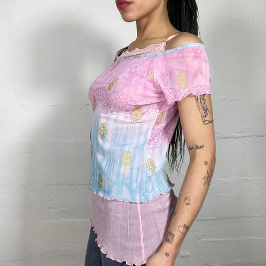 Vintage 90's Boho Romantic Pink Off Shoulder Shiffon Printed Asymmetric Cut Top with Lace Detail (S)