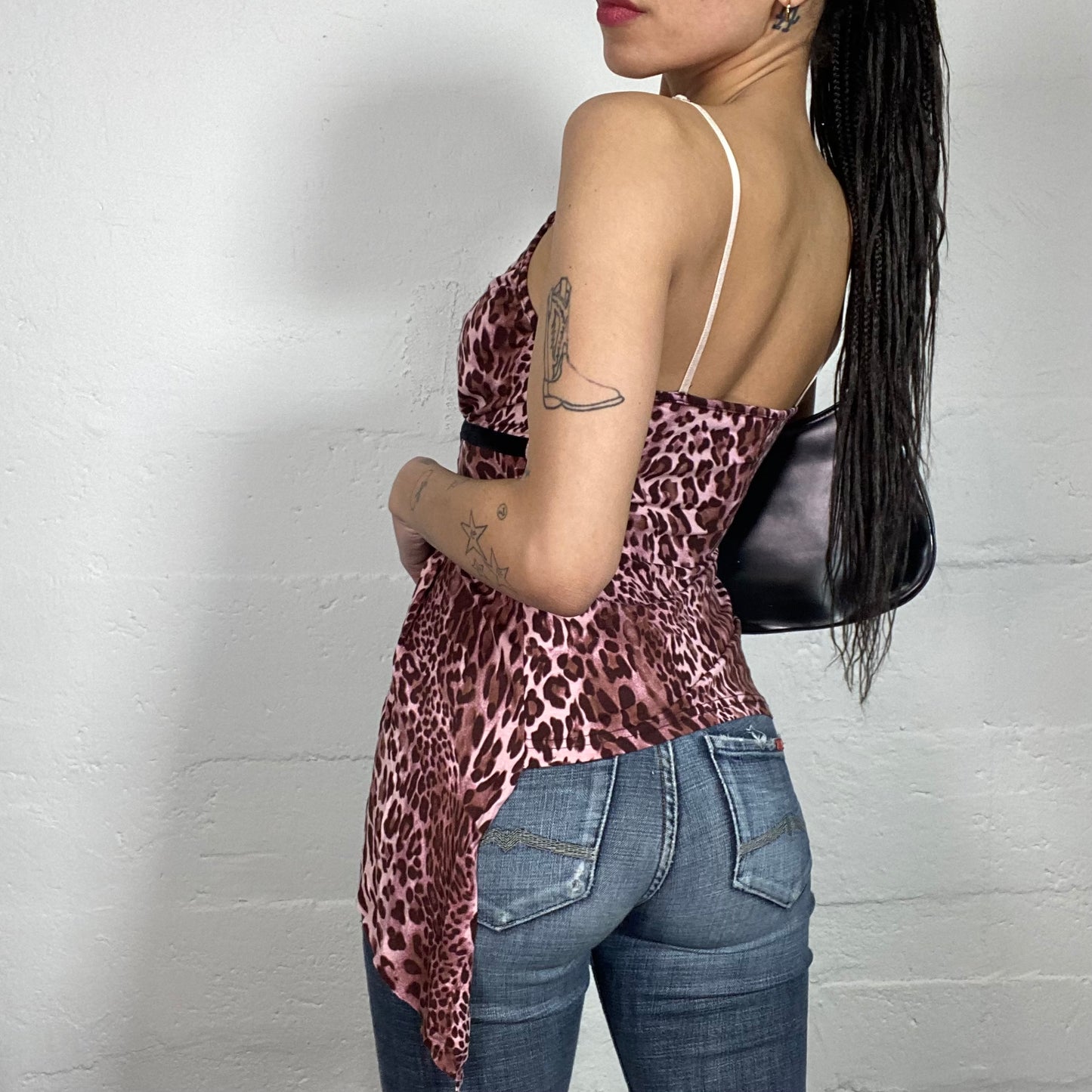 Vintage 2000's Glamorous Cheetah Girl Pink Animal Print Asymmetric Cami Top with Black Lace Trim and Velour Ribbon Details (S)