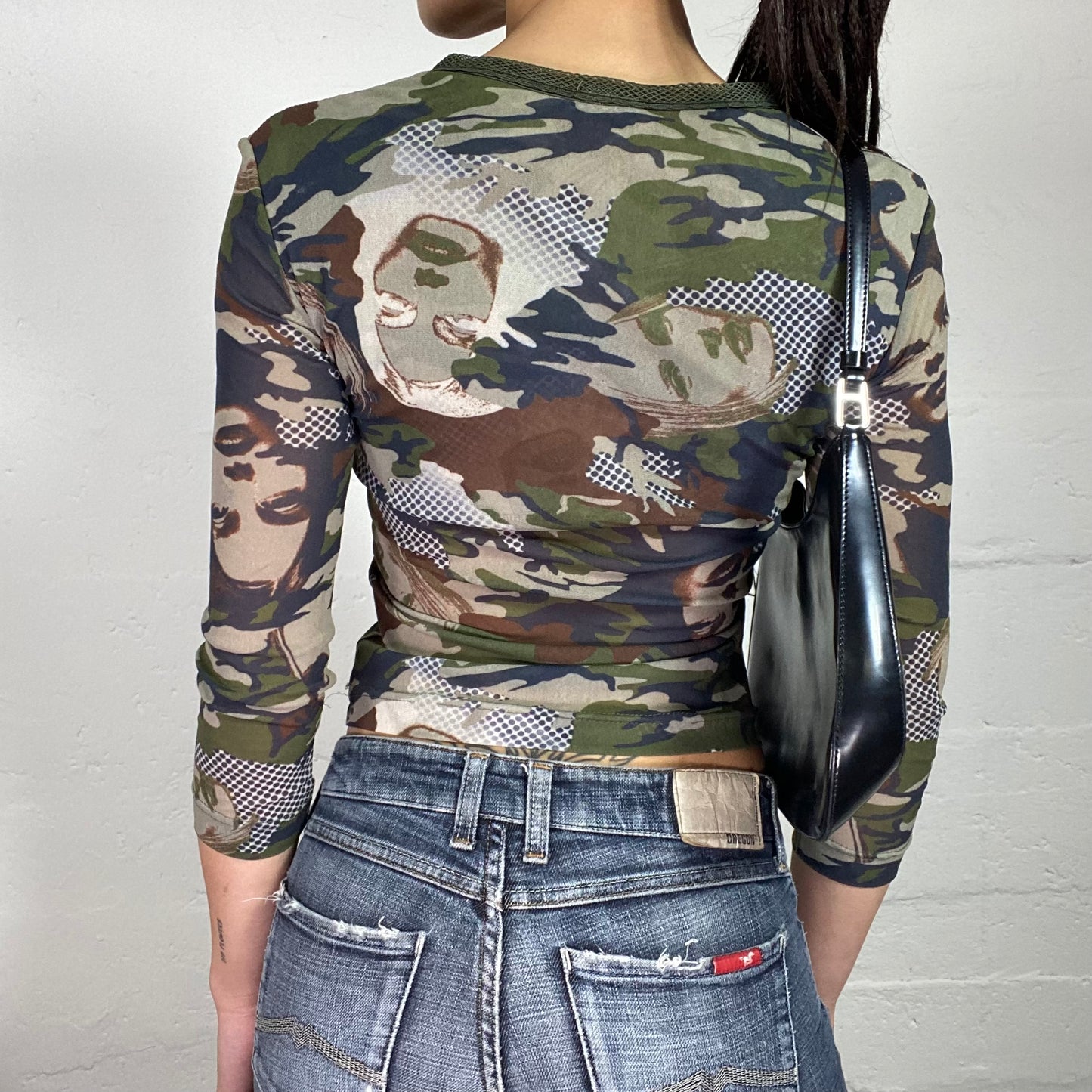 Vintage 2000’s Rave Camouflage Khaki Green Longsleeve Top with Face Prints (S)