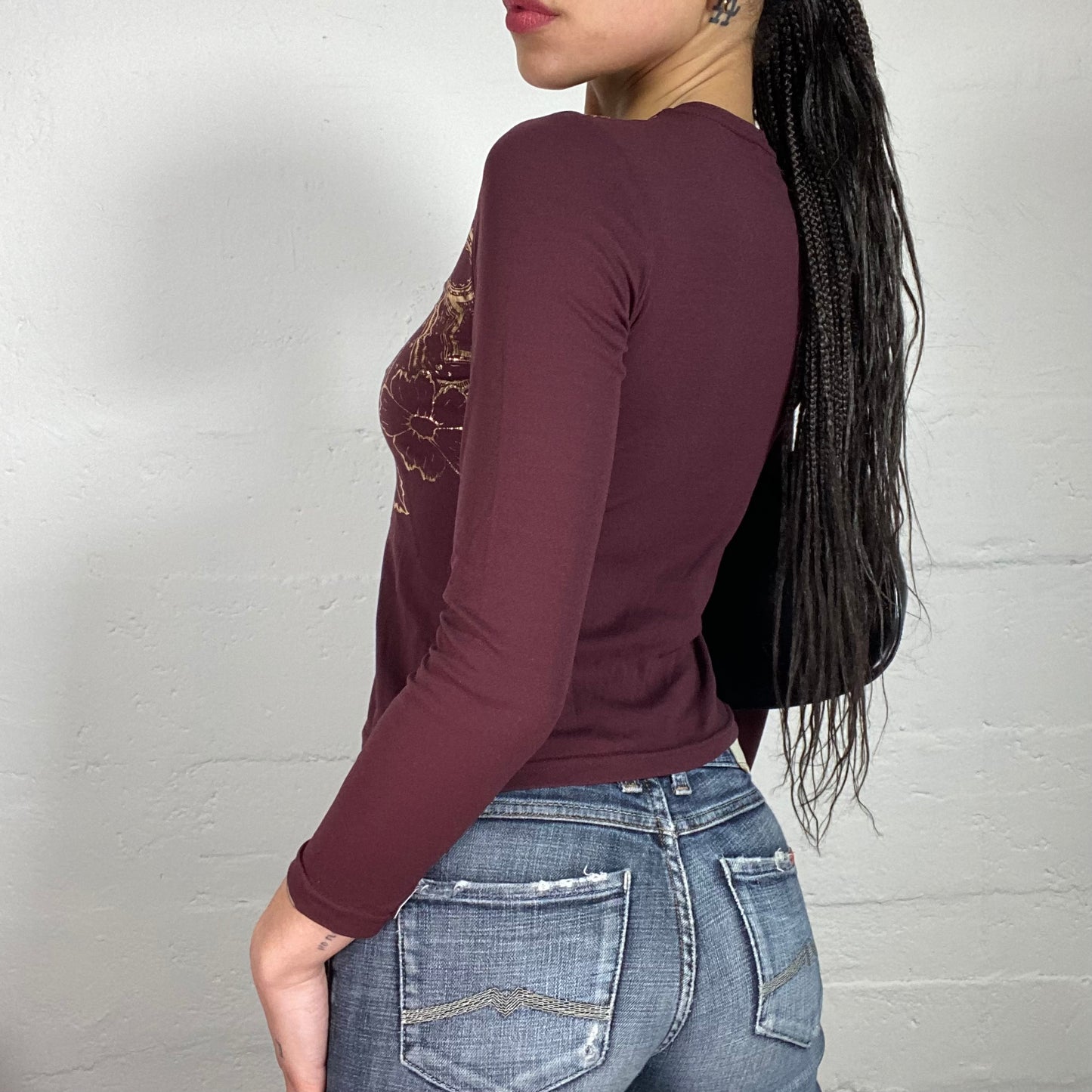 Vintage 90’s Boho Burgundy Longsleeve Jersey Top with Golden Flower and Paisley Print (S)