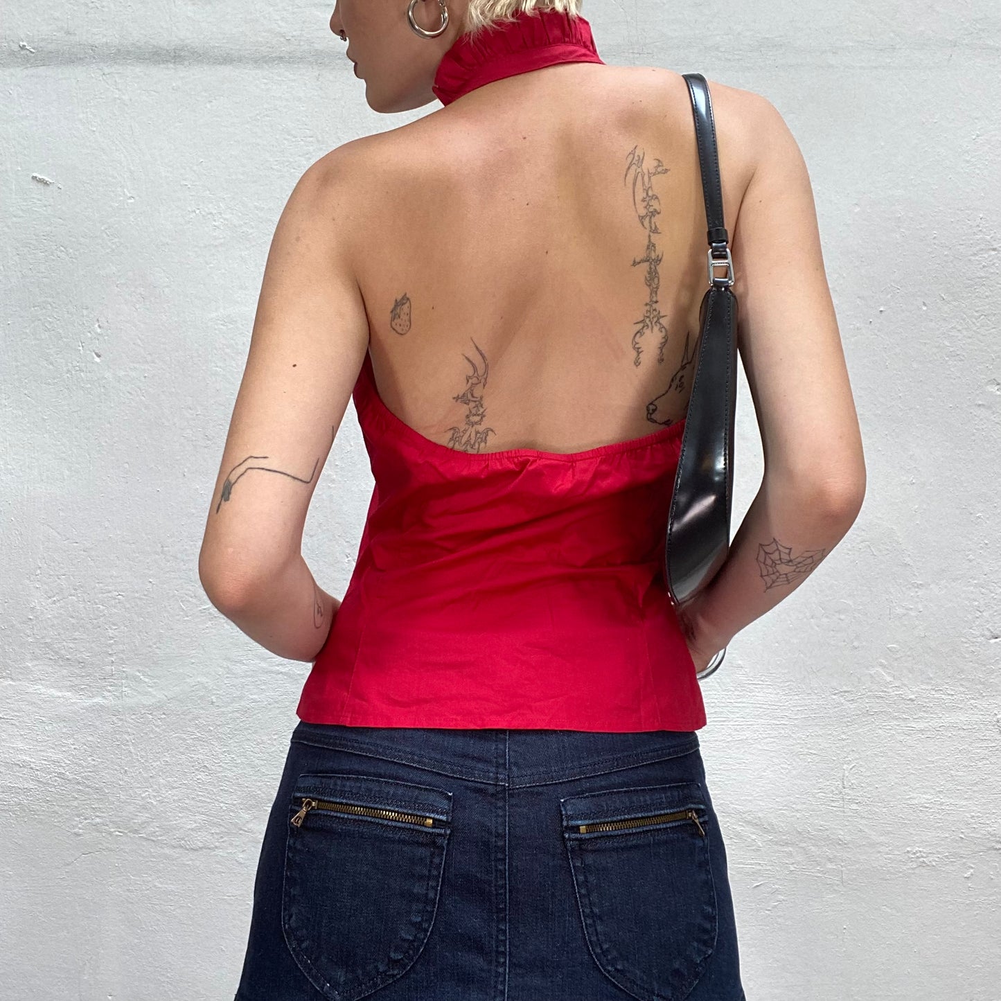 Vintage 90's Mermaid Red Neckholder Zip Up Top with Frills in the Neckline (S)