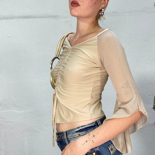 Vintage 90's Boho Biege Top with Angel Longsleeve and Scrunched Front Part (S/M)