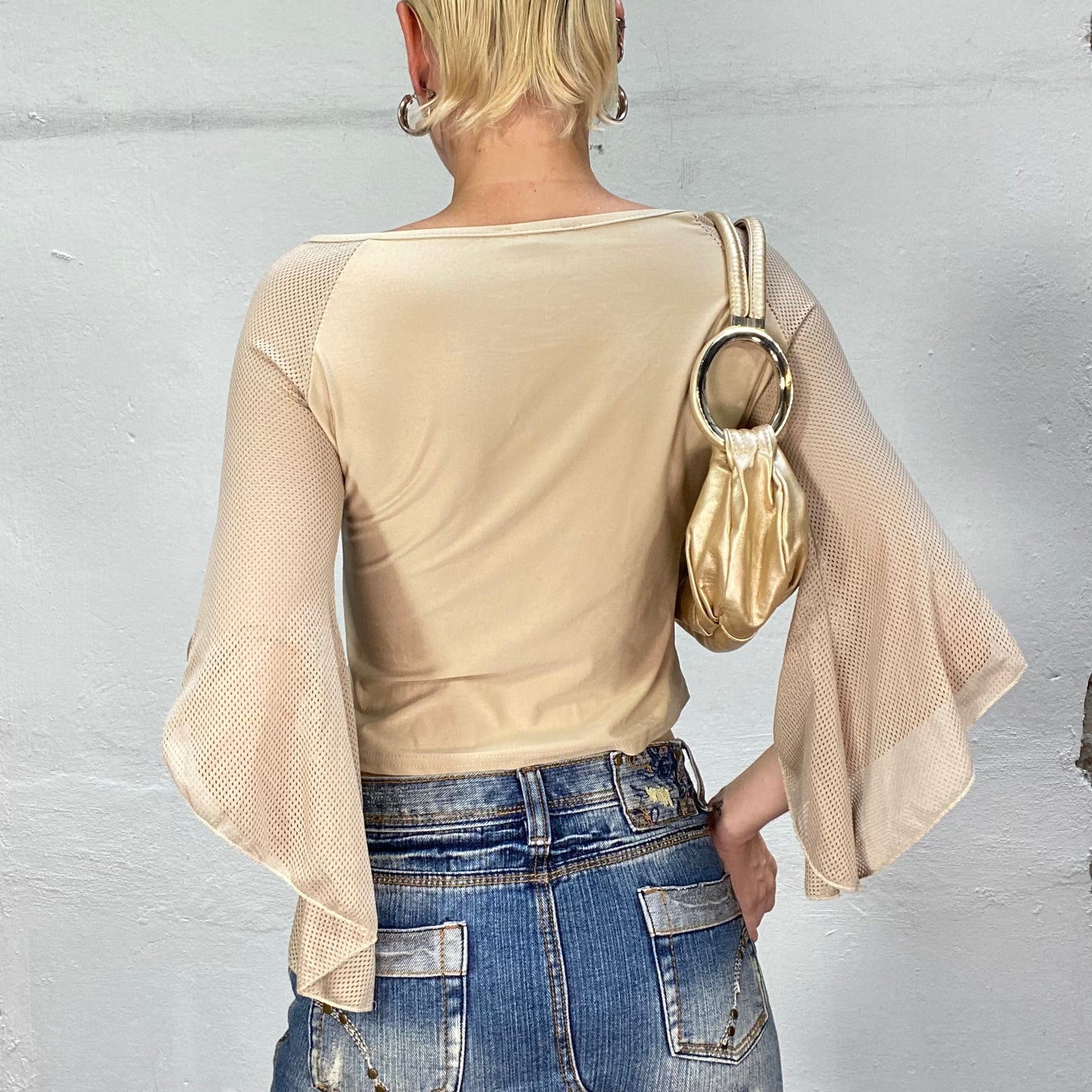 Vintage 90's Boho Biege Top with Angel Longsleeve and Scrunched Front Part (S/M)