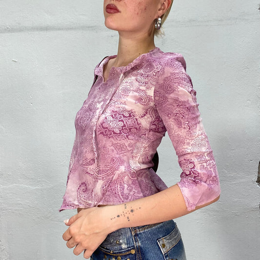Vintage 90's Hippie Longsleeve Pink Top with Paisley Print and Pointed Front (S/M)