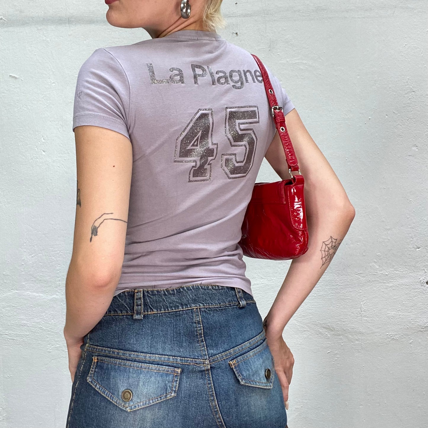 Vintage 2000's Dowtown Girl Grey Top with "45" Glitter Print (S)