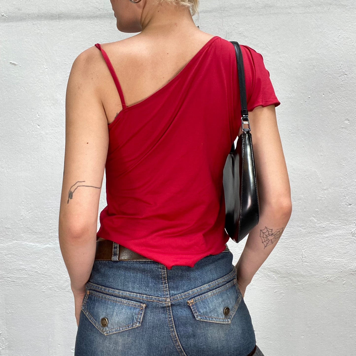Vintage 2000's Clubwear Red Top with Asymmetric Sleeves and Pointed Front Part (S)