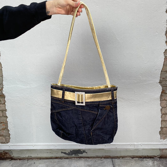 Vintage 2000's Summer Denim Shoulder Bag with Gold and Strass Belt Detail