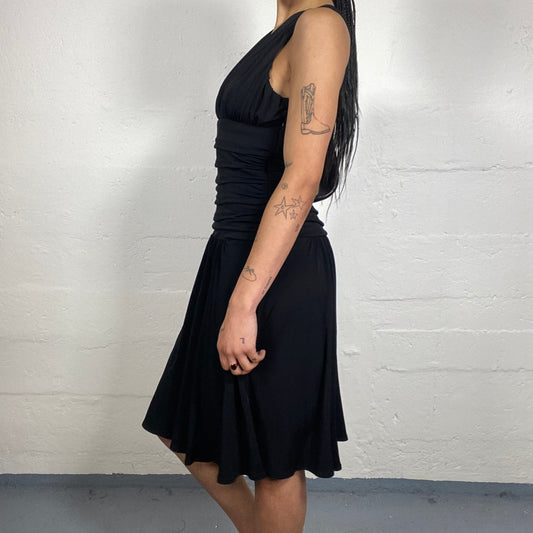 Vintage 2000's Classy Night Out Black Draped Dress with Cross Binding Back (S)