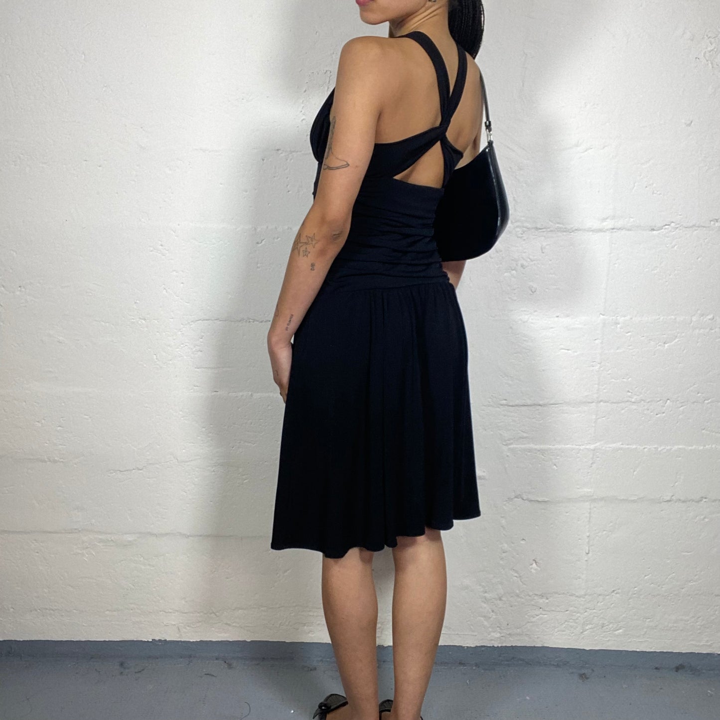 Vintage 2000's Classy Night Out Black Draped Dress with Cross Binding Back (S)