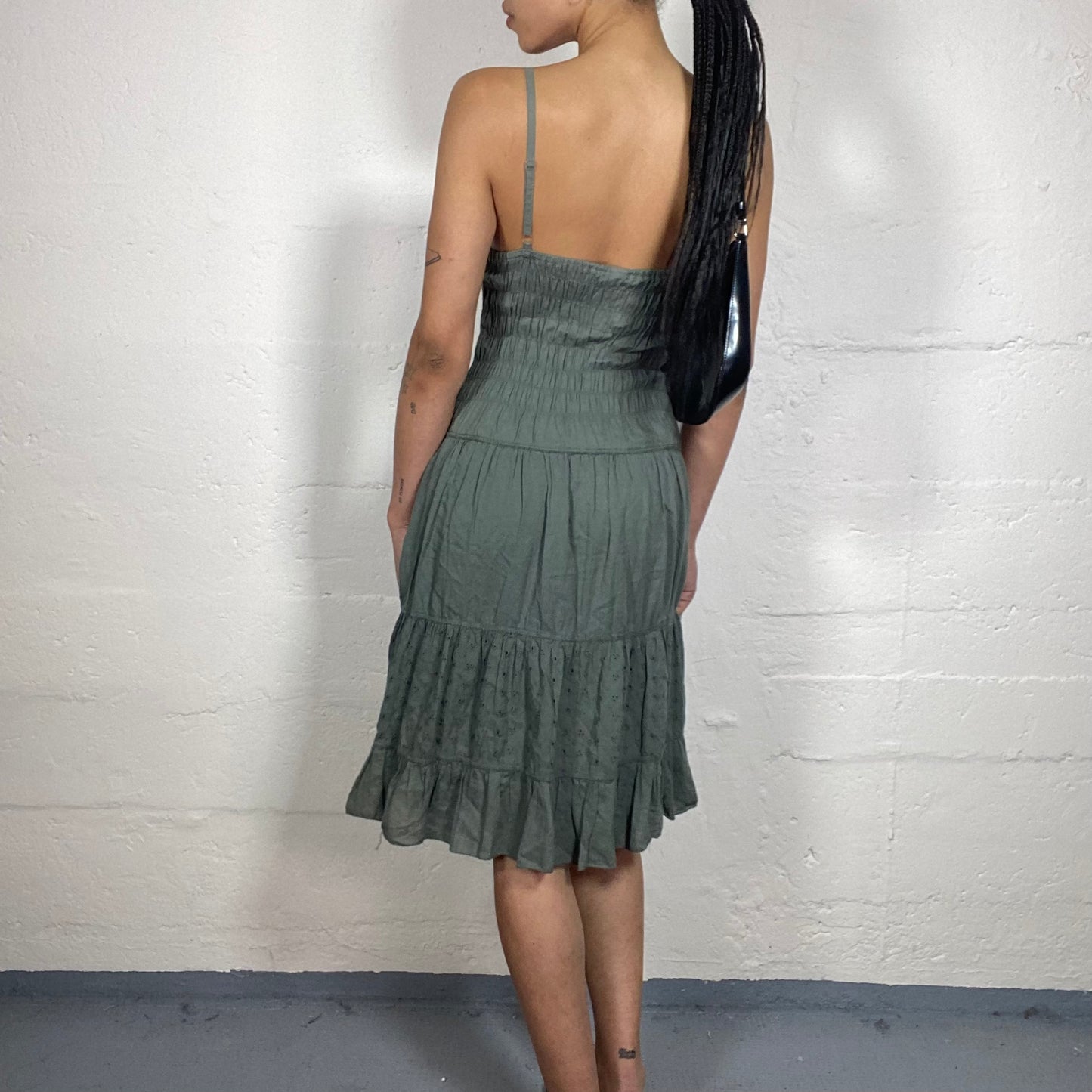 Vintage 2000's Downtown Girl Faded Green Layered Ruffled Skirt Cami Midi Dress with Binding Ribbon Detail (L)