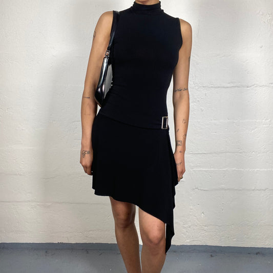 Vintage 2000's Glamorous Black Draped Asymmetric Turtleneck Sleeveless Dress with Side Metal Detail (S)
