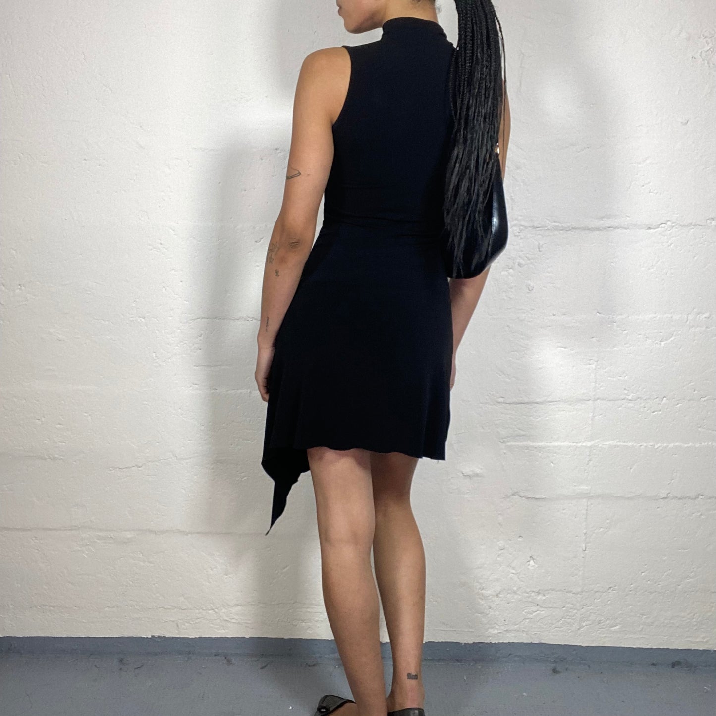 Vintage 2000's Glamorous Black Draped Asymmetric Turtleneck Sleeveless Dress with Side Metal Detail (S)