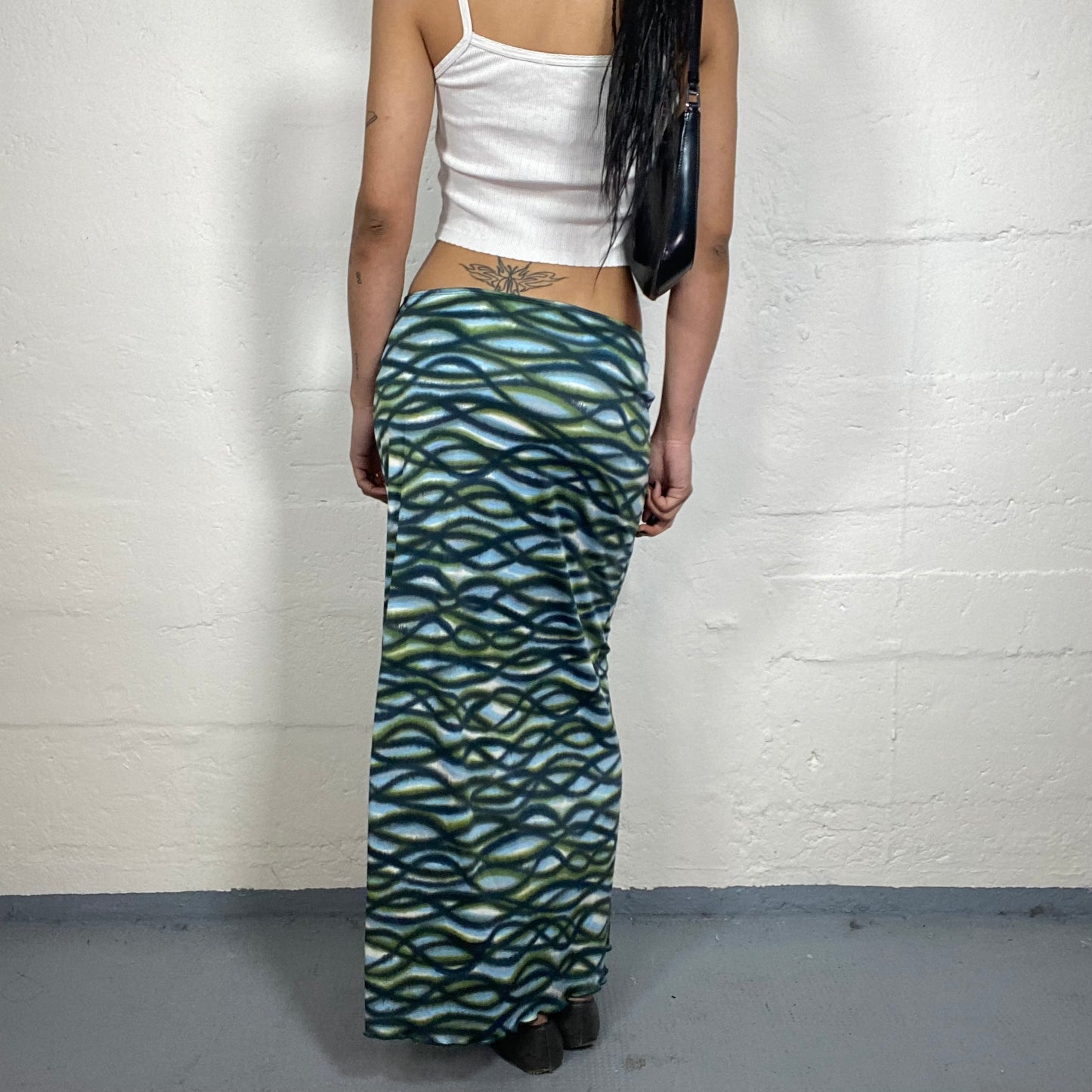 Vintage 2000's Mermaid Sea Blue Maxi Skirt with Abstract Waves Print (S)