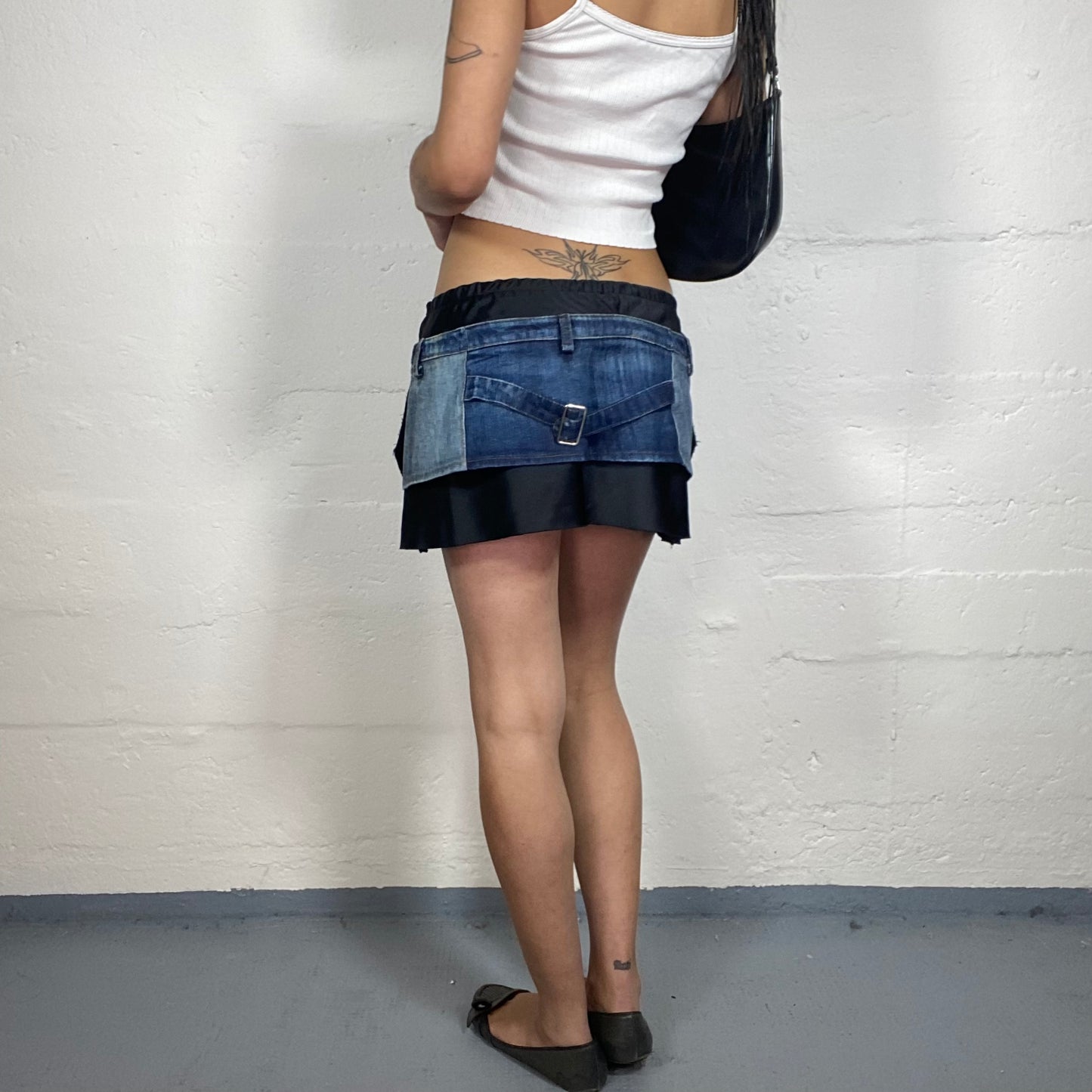 Vintage 2000's Streetwear Satin and Denim Combo Mini Skirt with Mad Overprint and Flag Embroidery (S)