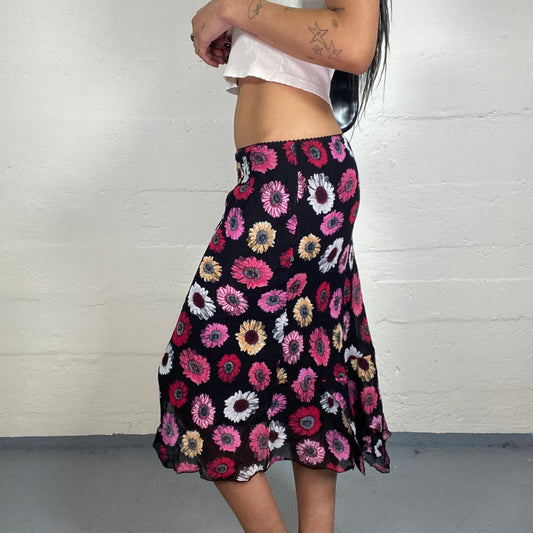 Vintage 2000's Summer Country Girl Black Chiffon Low Rise Skirt with Multicoloured Floral Print (M)