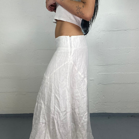 Vintage 2000's Summer White Linen Low Rise Maxi Skirt with Side Binding (M)