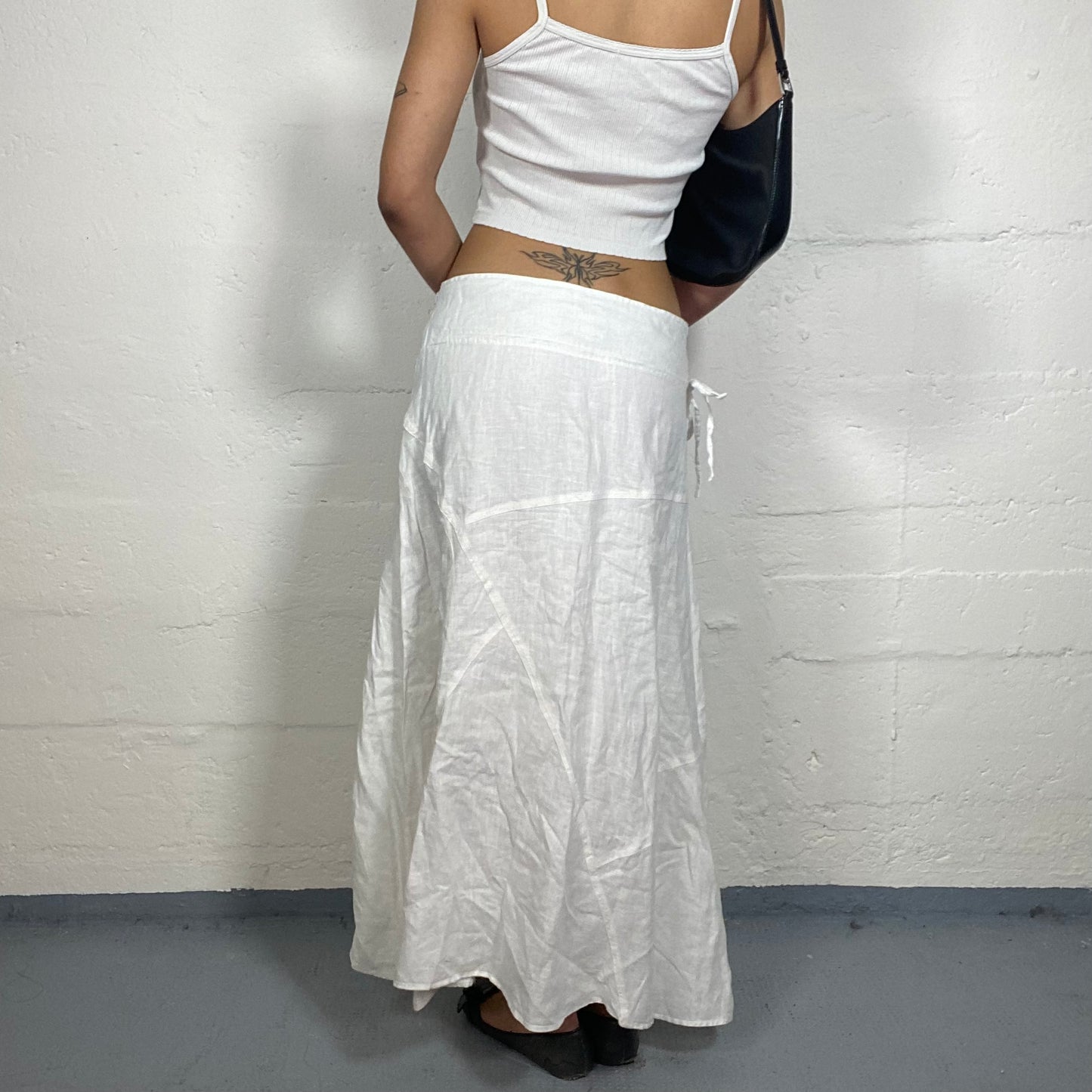 Vintage 2000's Summer White Linen Low Rise Maxi Skirt with Side Binding (M)