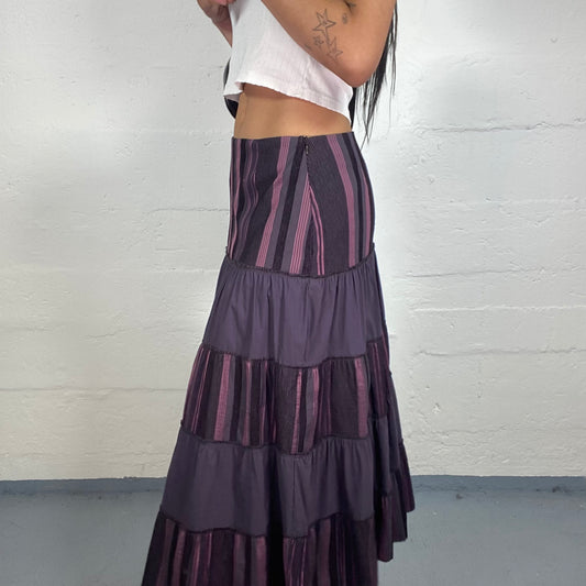 Vintage 2000's Downtown Girl Purple Striped Layered Ruffled Maxi Skirt (M)