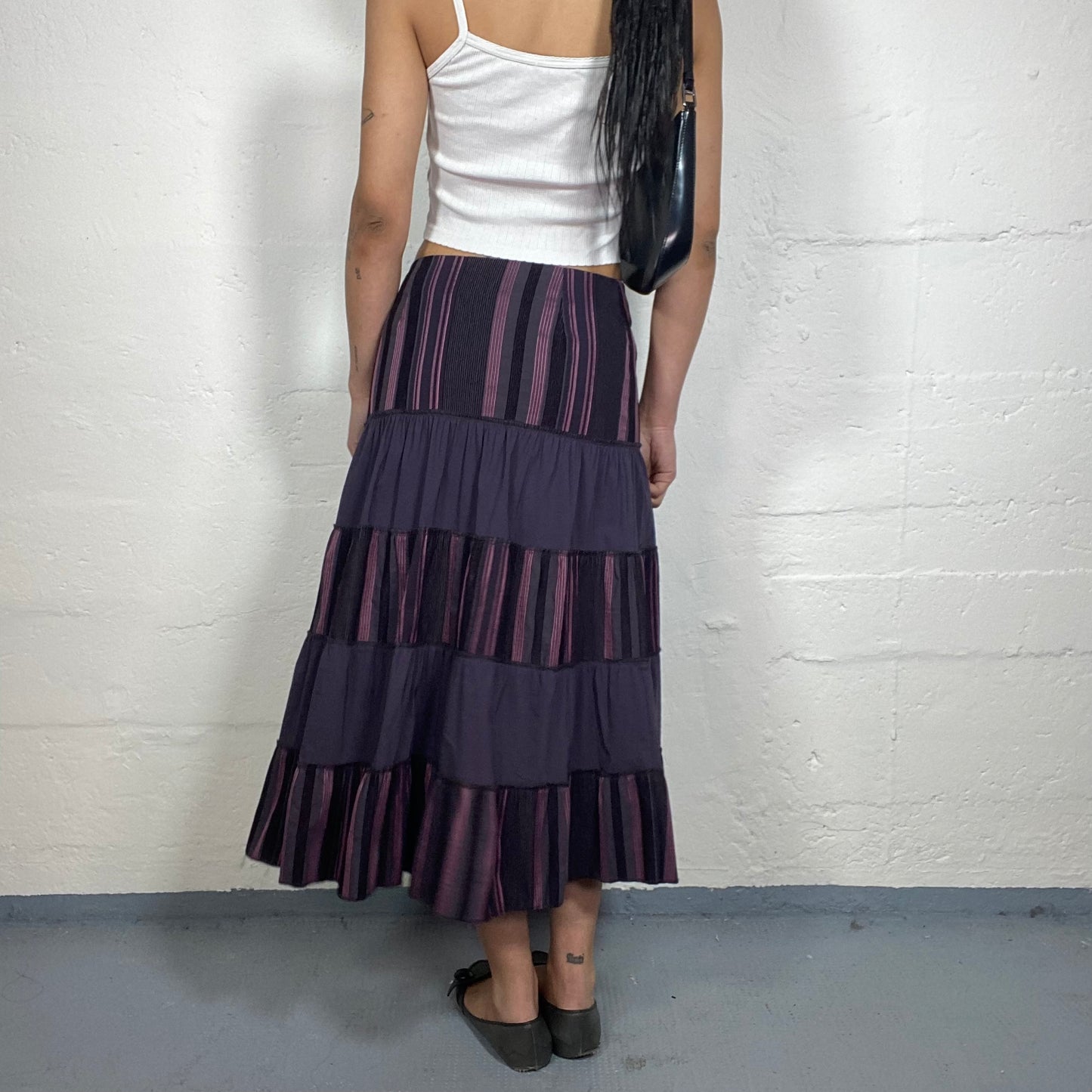 Vintage 2000's Downtown Girl Purple Striped Layered Ruffled Maxi Skirt (M)