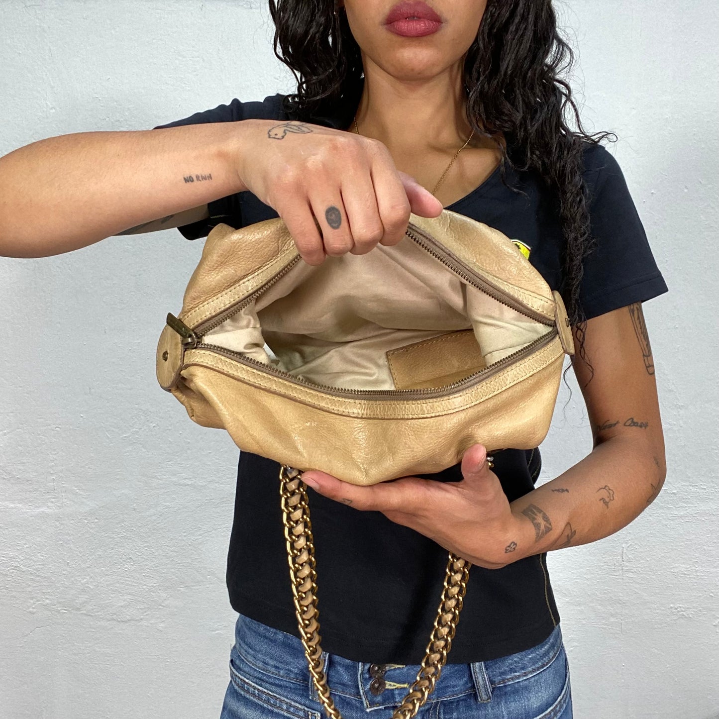Vintage 90's Adolfo Dominguez Classic Camel Shoulder Bag with Chain Strap Detail
