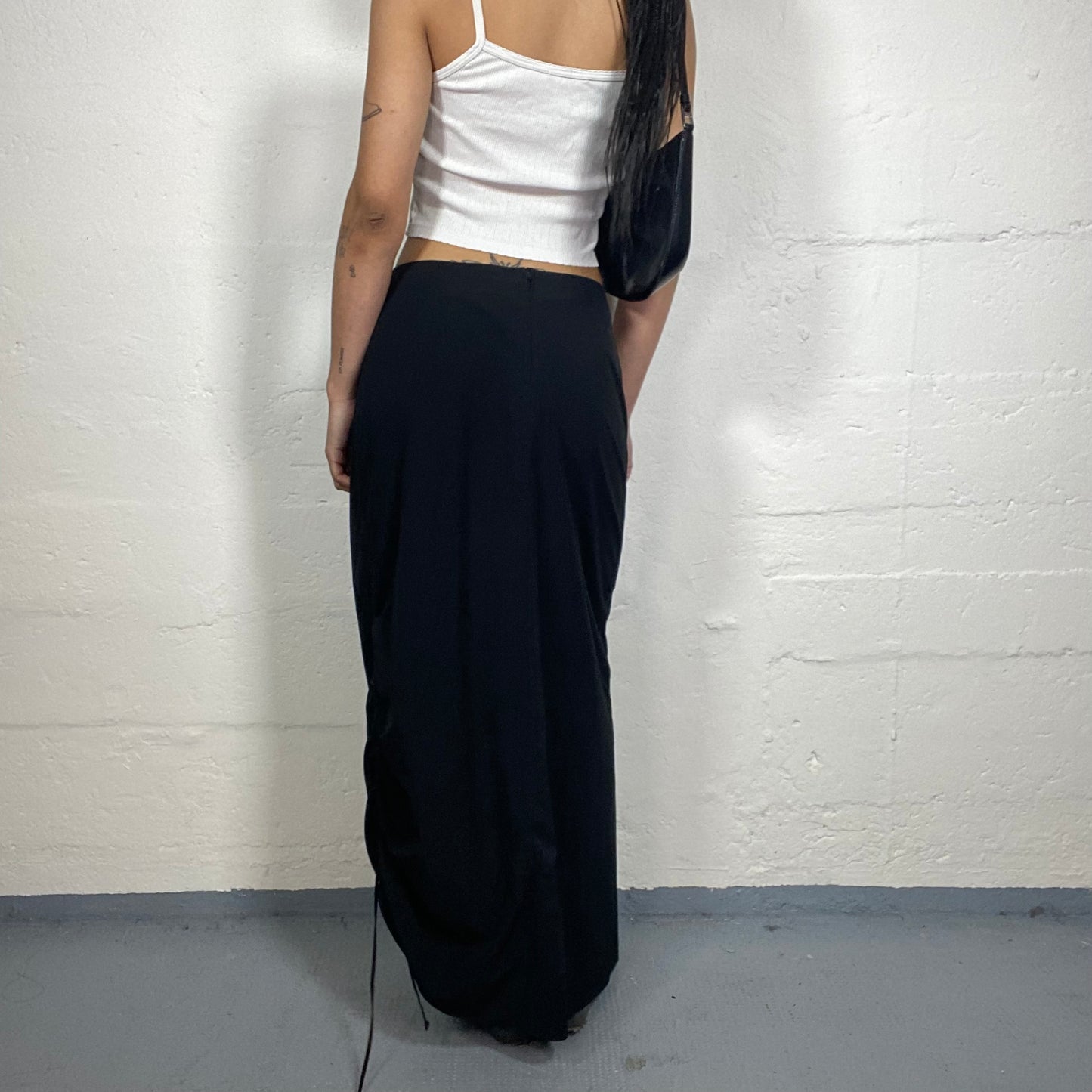 Vintage 2000's Hip-Hop Girl Black Nylon Low Rise Maxi Skirt with Side Ribbon Line (S)