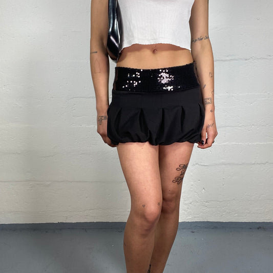 Vintage 2000's Clubwear Black Micro Balloon Fit Skirt with Sequin Waist Band (S)
