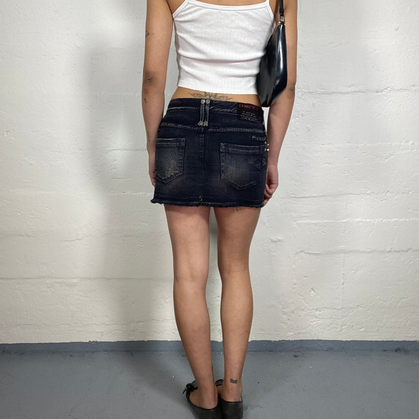 Vintage 2000's Downtown Girl Black Washed Out Denim Mini Skirt with Studs (XS)