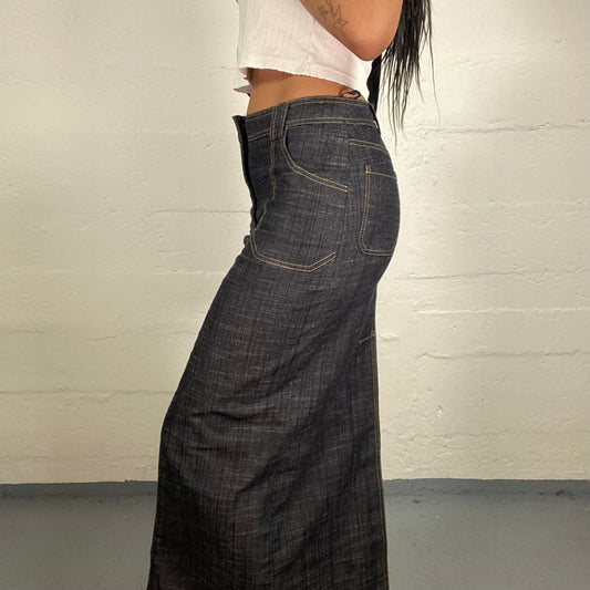 Vintage 2000's Office Girl Black Denim Pencil Fit Maxi Skirt with Pocket Detail (S)
