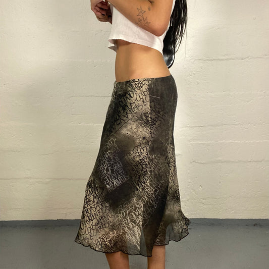 Vintage 2000's Downtown Girl Khaki Green and Black Fade Midi Chiffon Skirt with Typography Print (XXL)
