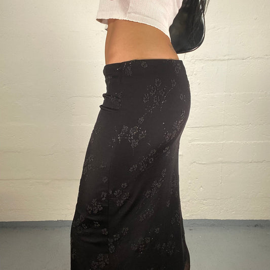 Vintage 2000's Night Out Black Chiffon Asymmetric Skirt with Shiny Silver Minimalistic Floral Print (S)