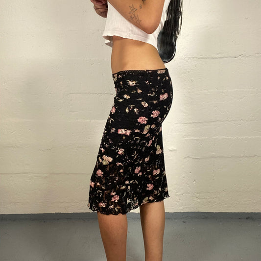 Vintage 2000's Romantic Black Lace Fabric Knee Length Slim Fitted Skirt with Baroque Pink Floral Print (S)