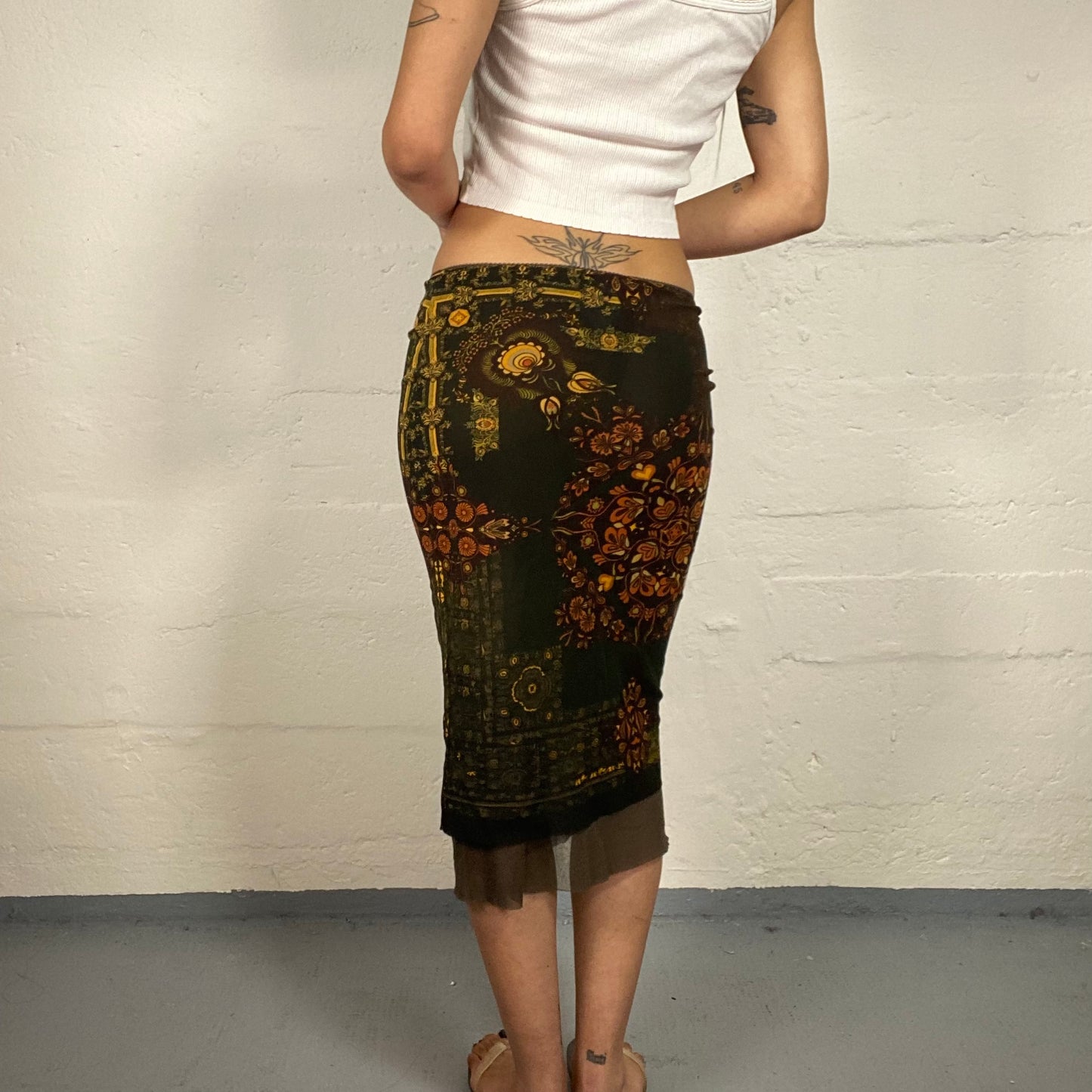 Vintage 2000's Boho Girl Chiffon Layered Midi Skirt with Orange Boho Style Print (S)