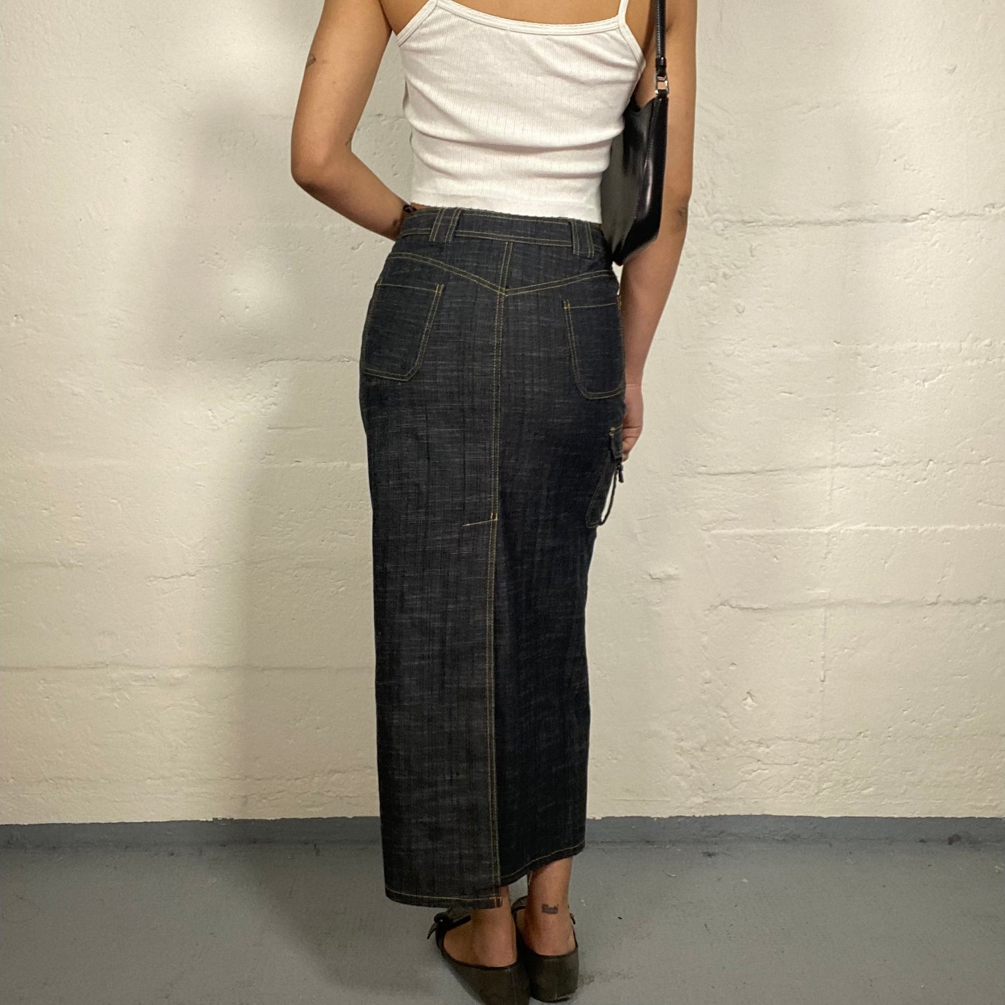 Vintage 2000's Office Girl Black Denim Pencil Fit Maxi Skirt with Pocket Detail (S)